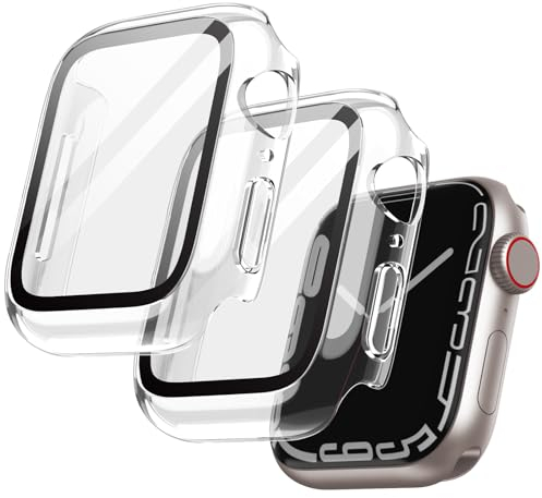 JETech Cover con Pellicola Protettiva per Apple Watch Series 9 8 7 45 mm, Custodia Protettiva Complessiva, Pellicola Integrata in Vetro Temperato ad Alta Sensibilità, 2 Pezzi (Trasparente)