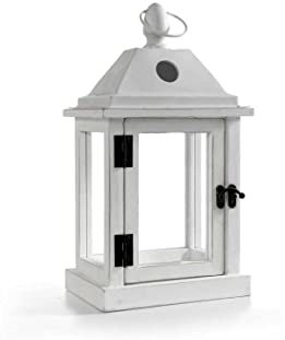 Lanterna porta candela shabby chic in legno bianco vetro e latta 15 * 12 * 27 cm HIA-823350