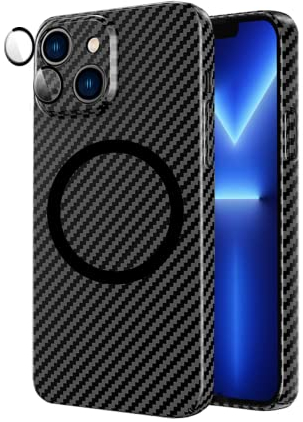 ICOVERI Carbon Hülle für iPhone 13, Magnethülle kompatibel mit Magsafe und Wireless Charger, Carbonfaser Hülle, Cover mit schwarzer Linsenschutzfolie (iPhone 13)