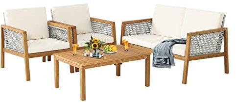 COSTWAY 4 PCS Garden Furniture Set, Acacia Wood Rattan Patio Conversation Set with Loveseat, Sofa Chairs and Coffee Table, Outdoor Sofa Set Wicker Table Chairs for Balcony Lawn Yard (White+Light Grey)