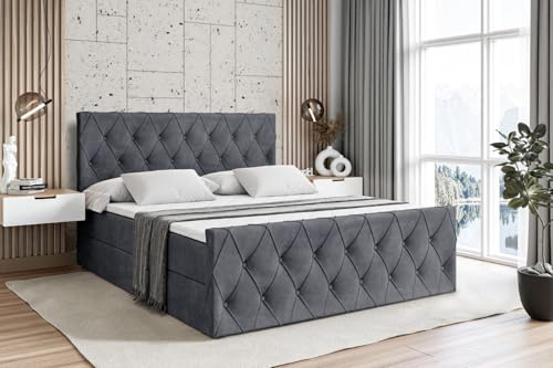 ALTDECOR Boxspringbett mit Matratze und Lattenrost, Boxbett, Fußteil, Topper, Polsterbett mit Bettkasten, Bett mit Stauraum H3-Matratze, Doppelbett, Springboxbett - Amay - 140x200 - Dunkelgrau Samt