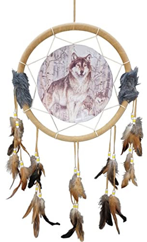 Western Traumfänger Hellbraun mit Wölfe im Schnee