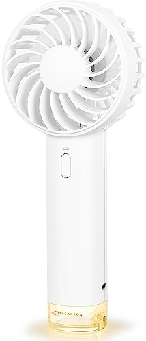 MYCARBON Ventilador de Mano 2000 mAh Recargable Ventilador Portátil Turbo Viento 3 Velocidades Ajustables Ventilador USB con Muñequera LED Luz, MF10 Blanco