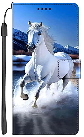 EuoDuo Coque Compatible avec Xiaomi Redmi Note 8 Pro Étui Rabattable Motif Bleu Cheval Blanc Housse Flip Cover Magnétique PU Cuir Support Porte-Cartes Pochette Antichoc Protection