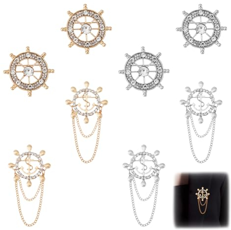 SUPERFINDINGS 8 Stück 2 Stile 2 Farben Anker Nautische Brosche Kristall Strass Sicherheitsnadel Seemannsstil Etikettennadel Steuerabzeichen Vintage Anzug Dekaration Für Party