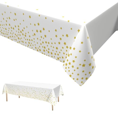 Weiß Gold Tischdecken,Gold Star Konfetti Party Tischtuch Plastik Wasserdicht Einweg Tischdecke für Party Picknick Geburtstag Jubiläum 137 x 274cm