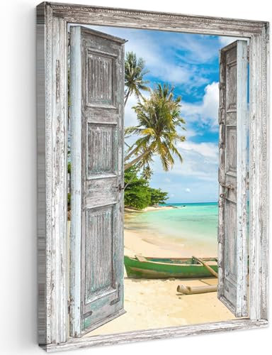 MuchoWow© Wandbilder 50x70 cm Wohnzimmer Wanddeko Schlafzimmer Zimmerdeko Fotowand Zimmer Deko Wand Dekoration Wall Art Kanu - Strand - Palme - Fensterblick