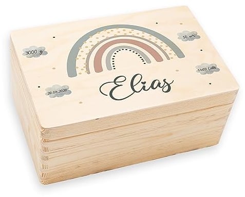 KIDSMOOD Handgefertigte Baby Holzkiste Aufbewahrungsbox mit Deckel, Individuelle Erinnerungsbox Baby, Babybox personalisiert mit Wunschdaten, Erinnerungskiste Baby als Geschenk zur Geburt