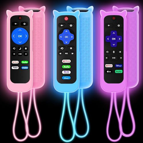 3er-Pack Fernbedienungsabdeckung für Roku, kompatibel mit Hisense/TCL Roku TV Steaming Stick/Express, Silikon-Schutzhülle, Controller, universelle Hülle, leuchtet im Dunkeln, Lila, Blau, Rosa