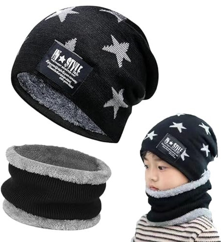 Gxlaihly Wintermütze für Kinder,Kinder Winter Warm Beanie Mütze und Loop Schal Schlauchschal Set,Kinder Wintermütze Beanie Hut,Wintermütze und Schal-Set für Jungen Mädchen von 6-15 Jahren (Schwarz)