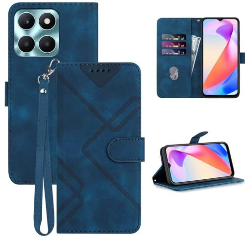 GOTOURED for Honor X6a Phone Case Wallet, Card Holder Leather, Wrist Strap, Magnetic Closure, Kickstand, Shockproof Protective Pattern Flip Cover (Blue)