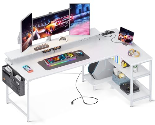 ODK Escritorio Gaming en L, 168x80cm Escritorio Esquinero Reversible con Puerto de Carga USB y Toma de Corriente, Mesa en L con Estante&Soporte de Monitor para Hogar, Oficina, Gaming, Blanco