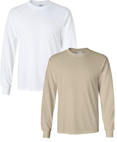 Gildan Adult Ultra Cotton Long Sleeve T-Shirt, Style G2400, Multipack, White/Sand, M