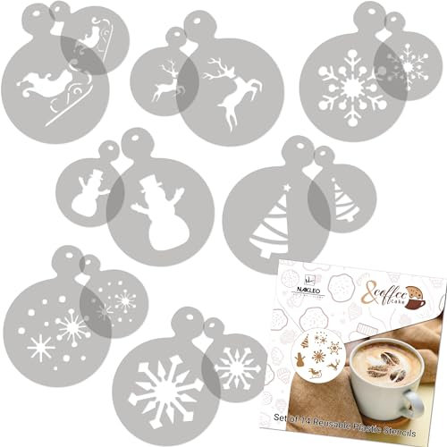 NAKLEO Kaffee Schablonen und Kekse Dekoration 14 Stück 7x7 und 11x11cm, Wiederverwendbare Plastik Backen Vorlage, Winter Schneeflocke Schnee, DIY Kunst, Cappuccino Latte Schokolade Torten Kuchen