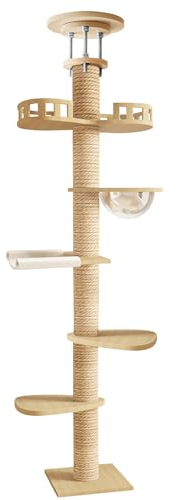 RFEGJVII Árbol para gatos alto, torre de varios niveles desde el suelo hasta el techo, ajustable en altura, rascador de cáñamo de 6 niveles, de alta resistencia