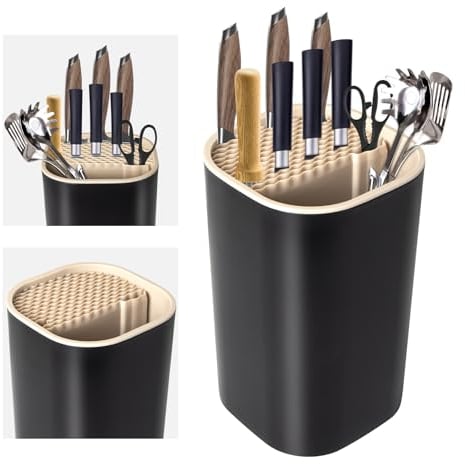 4 In 1 Messerblock Ohne Messer Ninonly Universal Messerblock Ohne Messer Schwarz mit Ablageplatz für Scheren, Schärfleiste,Messerhalter,Küchenutensilienhalter Messerblockhalter für alle Küchenmesser