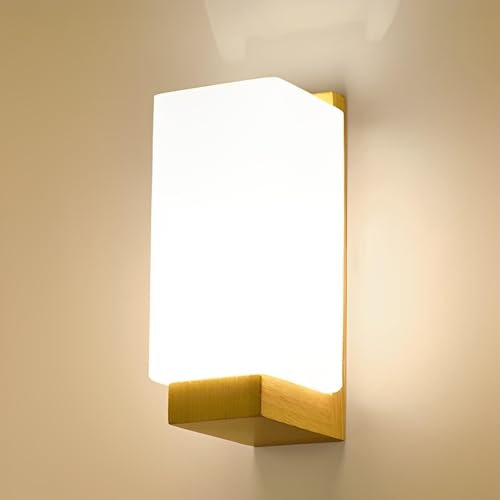 KRUIHAN Wandlampe Holz Wandleuchte Innen Weiß Quadratische Lampenschirm Glas mit Lampenfassung E27,Wandleuchten für Schlafzimmer Wohnzimmer Kinderzimmer Treppenhaus Flurlampen Nachttischlampen