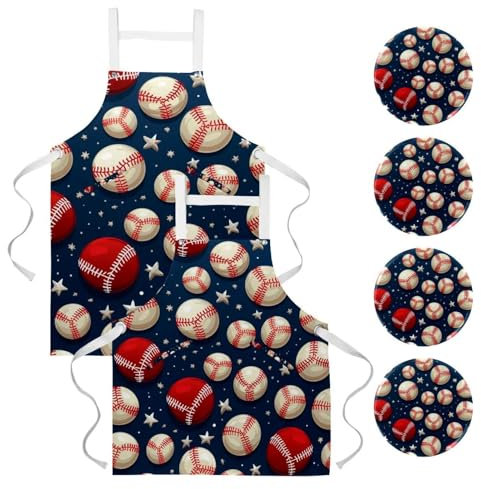 Delantal de cocina de 2 piezas con fondo de estrellas de béisbol, resistente a las gotas, delantal de lona con delantales ajustables para mujer con 2 bolsillos, multicolor, 26.2x34.6in/66.5x88cm,
