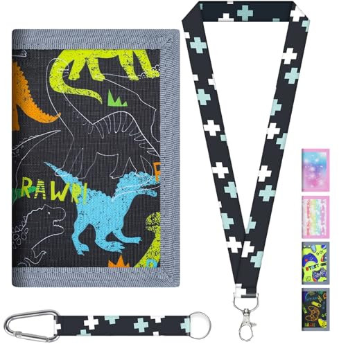 AUNGCSHE Kinder Portemonnaie Jungen, Dinosaurier Brieftasche für Alter 4-12, Trifold Brieftasche mit Schlüsselband, Weihnachten Geburtstag