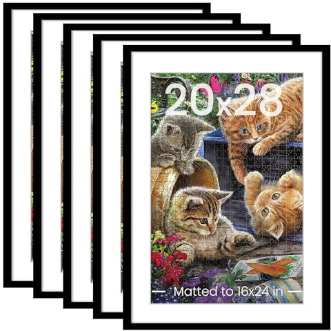 upsimples 20x28 Picture Frame Set of 5, Display Poster 16x24 with Mat or 50.8x71.1 cm Without, Wall Hanging 1000 Pieces Puzzles Frames, Black