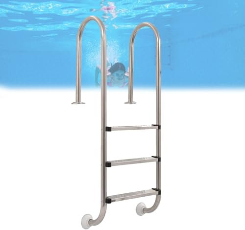 Escalera de piscina enterrada de acero inoxidable resistente con 3 escalones antideslizantes, carga máxima de 200 kg, se adapta a piscinas de 90 a 130 cm de profundidad