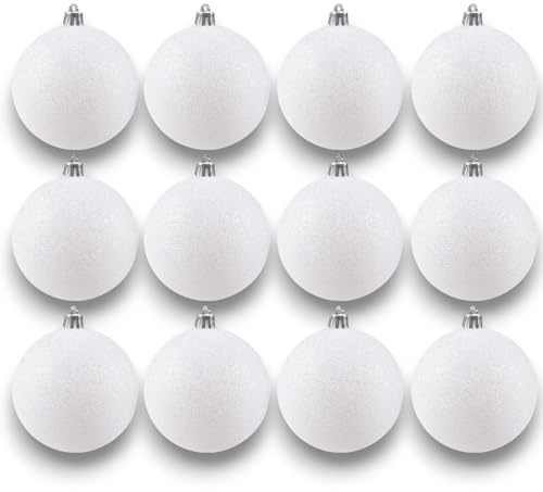 Set di 12 Palline di Natale in Plastica da 10 cm, Decorazioni Natalizie Bianche con Finitura Glitterata, Resistenti e Infrangibili, Ideali per Albero di Natale, Sicure per Uso Interno ed Esterno