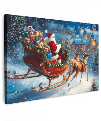MuchoWow© Weihnachtsdeko Leinwandbilder Groß 120x80 cm XXL Wall Art Decoration Bilder Weihnachtsgeschenke für die Wand Deko Canvas Painting Wanddekoration Wohnzimmer Weihnachtsmann - Rentier - Weihnac