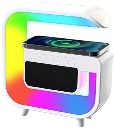 LED Table Lamp with Wireless Charger, 4 in 1 Mini G-Shape Atmosphere Lamp with Bluetooth Speaker, Night Light Lamp, Alarm Clock Desk Lamp for Home Party Bedroom