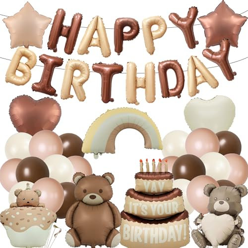 Bär Deko Geburtstag Mädchen Junge - Geburtstagsdeko Bären Luftballons Set mit Happy Birthday Ballons Tiere Folienballon, Babyparty Kindergeburtstag Party Dekoration