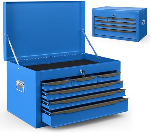 COSTWAY 6 Drawer Tool Box, Lockable Metal Tool Chest with Top Storage Tray, Automatic Lock, 2 Keys, Ball Bearing Runners, EVA Liners & Carry Handle, Portable Toolbox Storage Cabinet (Blue+Black)