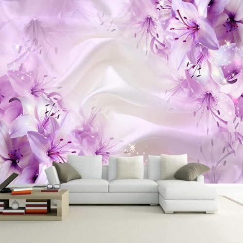 Pourpre Lys Soie Papier Peint 3D Intissé Tapisserie Bureau Salon Canapé Chambre Fond Décoration Murale-300cm×210cm