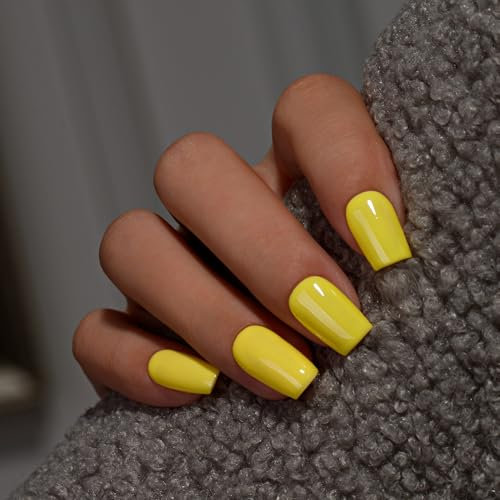 KQueenest Light Yellow Press on Nails Short Medium Square, Short False Nails with Glue, Glossy Pastel Bright Yellow Fake Nails Press ons, Coffin Reusable Soft Gel Stick on Nail for Women 28 Pcs