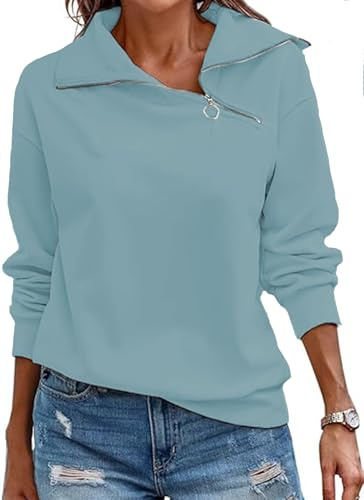 Cuptacc Women's Sweatshirts V Neck Long Sleeve Tunic Tops Casual Solid Color Half Zip Sweatshirt Women Autumn Light Blue, Medium M 12-14