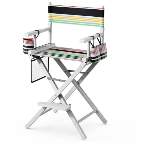 Bonnlo 26 inch Make Up Chair Professional for Makeup Artist 66cm Hight, Directors Chairs Folding, with Portable Storage Side Bags & Footrest, Solid Hardwood & Polyester, Colorful, White Frame