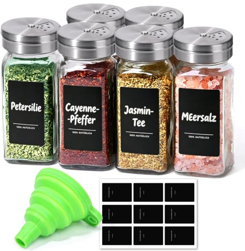ComSaf 120ml Small Glass Spice Jars with Shaker Lids & Labels, Pack of 6 | Seasoning Jars for Herbs & Kitchen Storage, Mini Glass Containers with Adjustable Stainless Steel Shaker Lids & Funnel