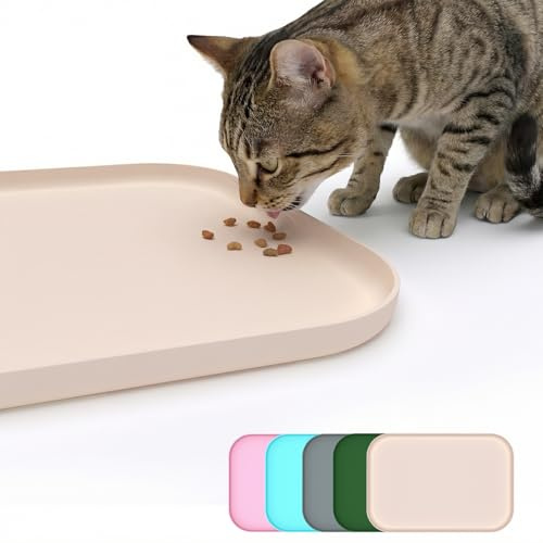BLESWIN Non-Slip Silicone Dog Food Mat & Pet Feeding Mat - Waterproof Dog Bowl Mat for Messy Eaters, Easy Clean Floor Protector with Raised Edge（Beige，45 * 30cm）