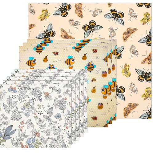 Beeswax Food Wrap, 9 Pcs Food Storage Bag Beeswax Wraps Set, Zero Waste | Plastic Free Food Storage Bowl Covers for Fridge, Reusable Organic Bees Wax Wrappers for Cheese Bread Sandwich