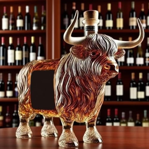LKLNKVL Decantador, Botella de Whisky y Vino Vaca Las Tierras Altas 3D, contenedor Creativo for almacenar licores con temática Animal, Regalo for coleccionistas Amantes del Alcohol