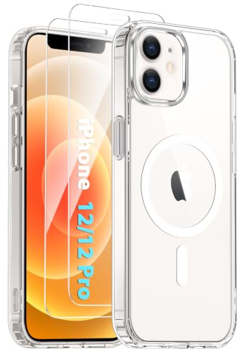 Vuletc Magnetisch Dünn für iPhone 12 und 12 Pro Hülle, Durchsichtig | Handyhülle Magnet mit 2 Stück Schutzfolie und 2 Kameraschutz, Rundumschut Stoßfest Transparent Nie Vergilbung Case