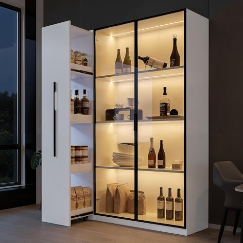 Arhatreya Vitrine Hochschrank LED Glastür Rollschrank Bücherschrank Weiß | Seitenauszug und mehrere Fächer bieten flexible Aufbewahrung für Wohn Ess oder Badezimmer