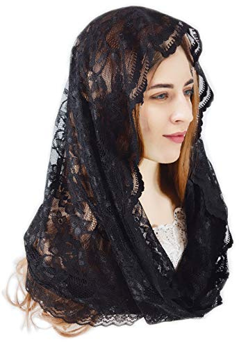 PAMOR Infinity Chapel Veil Floral Latin Mass Head Covering Lace Scarf Mantilla Veils for Church (Black)