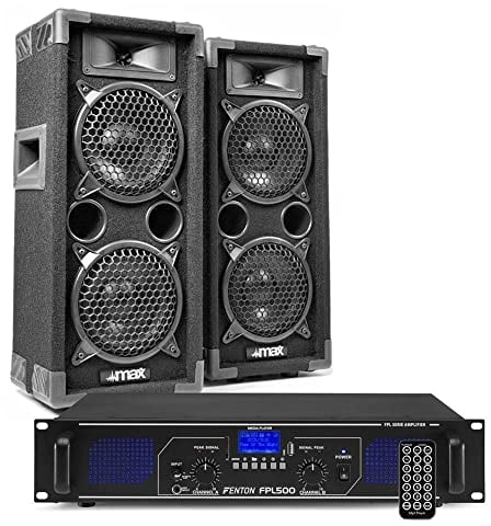 MAX26 PA Anlage Komplett Set, 1200 Watt DJ Boxen Set Lautsprecher mit Verstärker und Kabel, Lautsprecherset, Karaoke Set, Soundanlage, Musik Boxen, PA Komplett Set - Schwarz