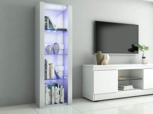 Panana LED Tall Display Cabinet with Glass Shelf Modern Sideboard Cupboard Unit for Living Room Bedroom Furniture (White Matt Body & White High Gloss Fronts)