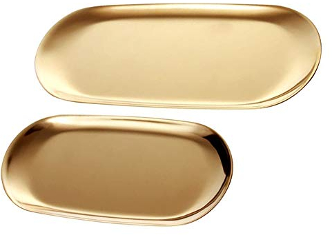 2 Pcs Trinket Trays, Stainless Steel Cosmetics Tray, Dessert Candy Dish Tea Coffee Cup Plate, Storage Tools for Jewelry Bathroom Vanity Towels Holder (Gold)
