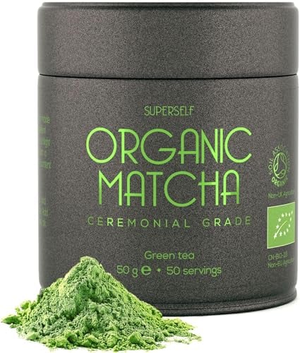 SuperSelf Organic Matcha Powder - Ceremonial Grade & 100% Pure - Smooth Taste & Vibrant Green - Macha for Straight Tea, Lattes, Baking - Certified Organic - Japanese Stone Ground Method - 50g Gift Tin