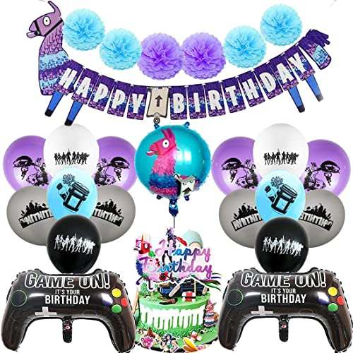 Video Gaming Spiel Partyzubehör Set,PAWT Alpaka Videospiel Party Zubehör Geburtstagsfeier mit Konfetti Luftballons, Banner für Geburtstag, Junge Kindergeburtstag, Deko