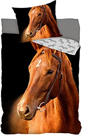 Parure de Lit Cheval Brun 100% Coton - Housse de Couette 140x200 cm + Taie d'oreiller 65x65 cm
