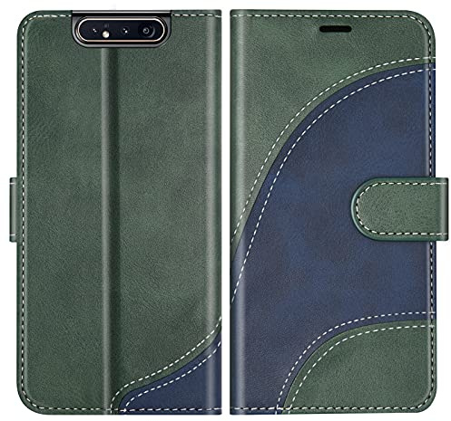 BoxTii Hülle für Galaxy A90, Leder Handyhülle für Samsung Galaxy A90, Ledertasche Klapphülle Schutzhülle mit Kartenfächer und Magnetverschluss, Grün