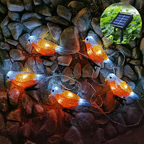 DINOWIN Solar LED Acryl Vogel Lichterkette mit Clip 4 Stück 5 LED Wasserdichte Solar Tier Lichterkette 8 Modi Vögel Figuren Deko für Weihnachten, Garten, Party, Hochzeit (Rot+Orange)