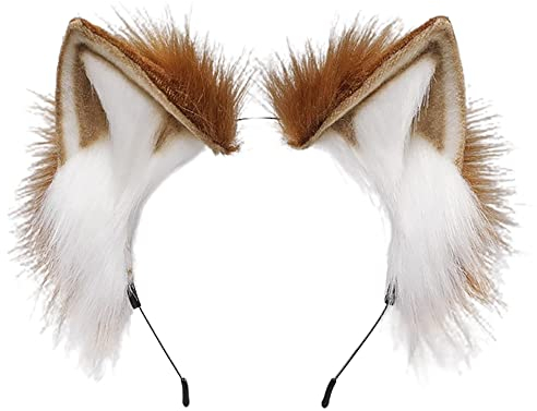 ZFKJERS Handgefertigtes Fell Fuchs Katzenohren Stirnband Fursuit Kopfbedeckung Cosplay Kostüm Party Zubehör (Khaki Weiß)